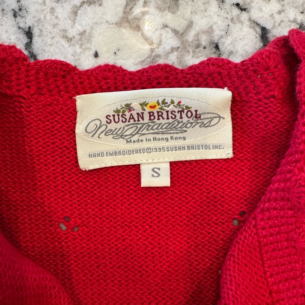 Vintage 1995 Susan Bristol Hand Embroidered Red Cardigan Size S - Picture 6 of 12